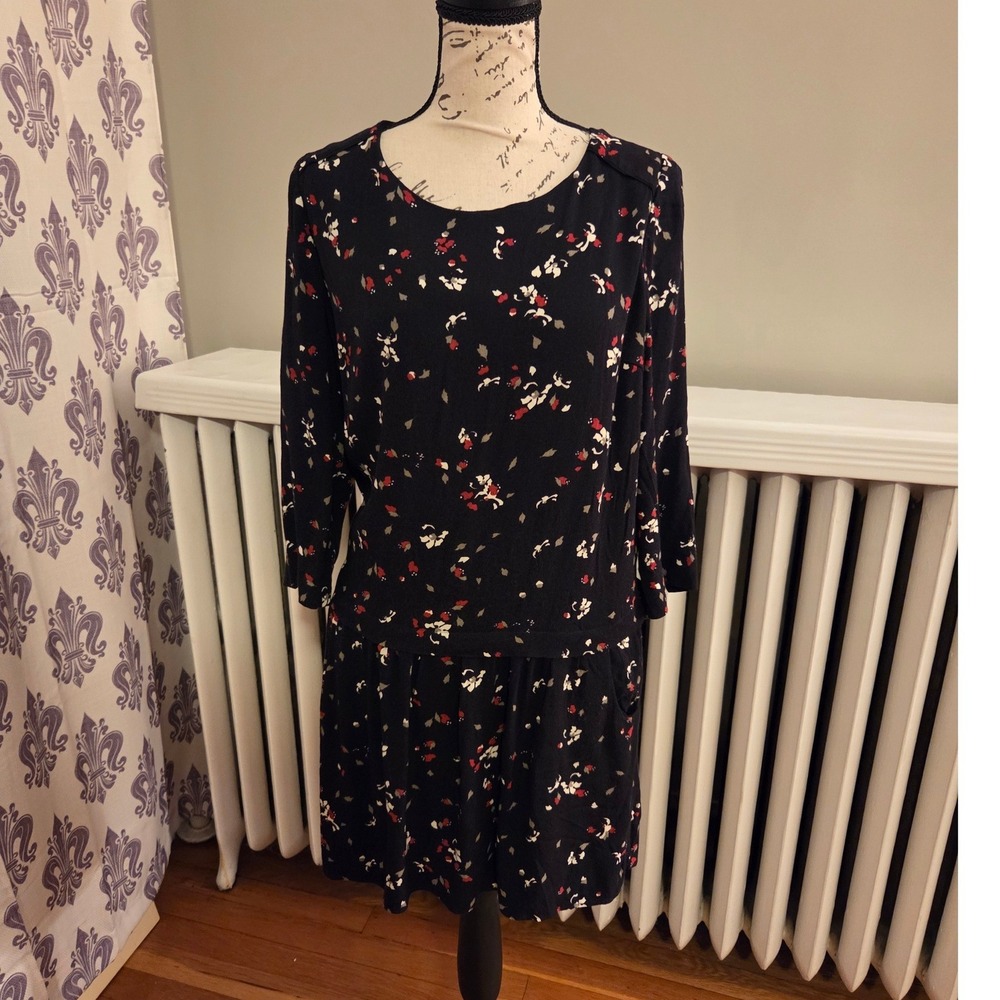 Sezane "Anna" Black Floral Drop Waist Mini Dress 3/4 Sleeve, Pockets, Sz 38 US 6
